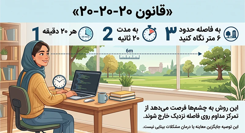 روش اجرای قانون 20-20-20 برای استراحت چشم هنگام کار طولانی با نمایشگر