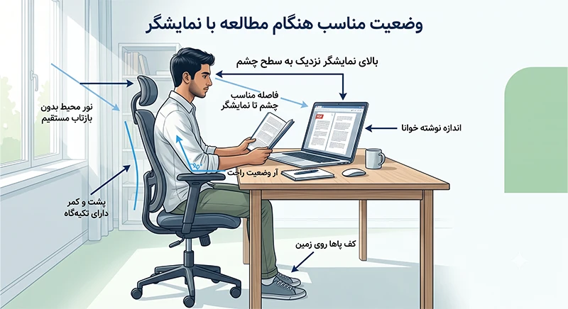 وضعیت صحیح نشستن، فاصله مناسب نمایشگر و تنظیم نور هنگام مطالعه با لپتاپ
